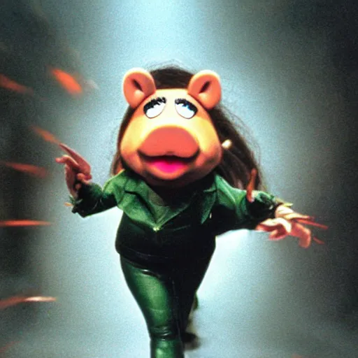 Image similar to Miss Piggy as Trinity in The Matrix (1999) action bullet time, leather outfit, explosions scene from movie