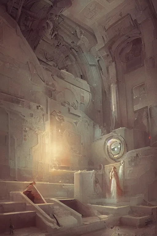 Image similar to intricate, amazing, modernism, retro vintage and romanticism, painting by natelle quek or ramon gutierrez, soft color palette, stability, cinematic, highly detailed, space sci - fi of ancient religion