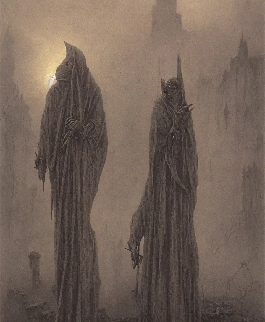 Prompt: plague doctor from iron gridle but human form, destroyed city and flames by zdzislaw beksinski