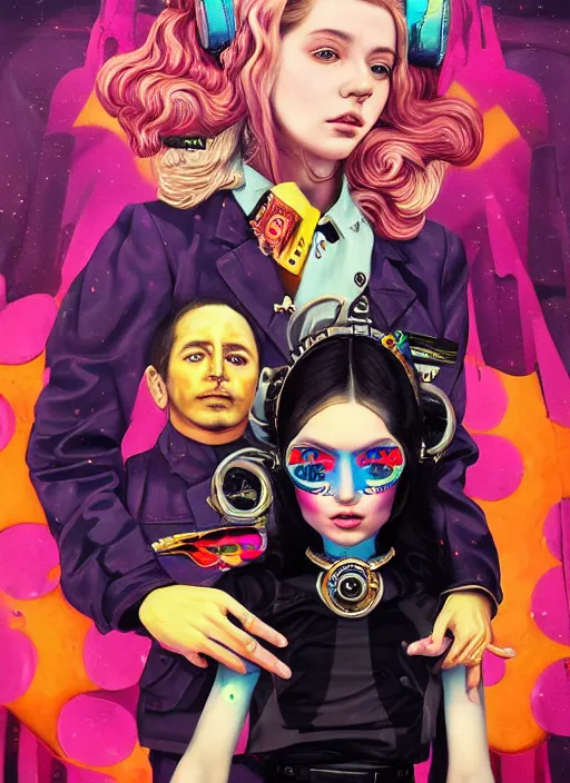 Prompt: beautiful portrait painting of a cute psychedelic Nazi lofi cyberpunk princess and her corgi assassin king, by Afarin Sajedi, Alessandro Barbucci, Alex Gross, Shin Jeongho, Shohei Otomo. trending on Artstation, 8k, masterpiece, face enhance, graffiti paint, fine detail, full of color, intricate detail, golden ratio illustration