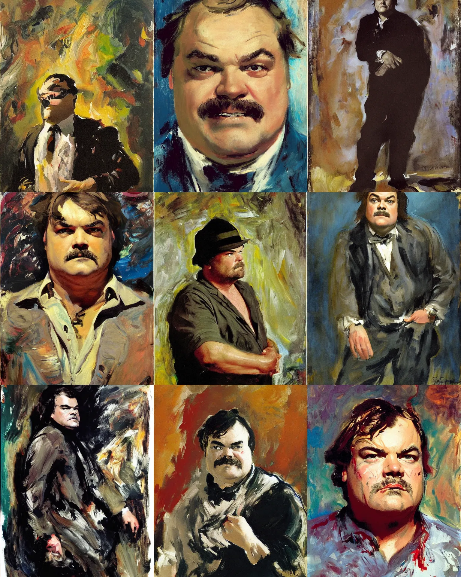 Prompt: jack black age 5 0, portrait painting by john singer sargent, frank frazetta, jackson pollock, fashion photography