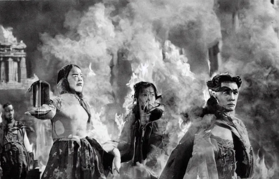 Prompt: burning temple, vintage movie still