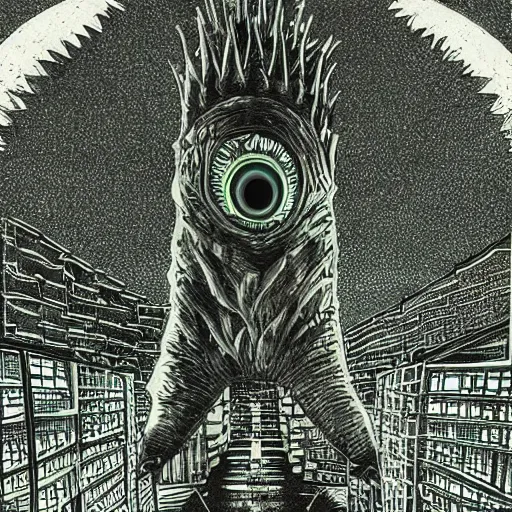 Image similar to by nick walker, by david a. hardy deep green, shaders lush. a beautiful illustration of a large, monster looming over a cityscape. the monster has several eyes & mouths, & its body is covered in spikes. it seems to be coming towards the viewer, who is looking up at it in fear.