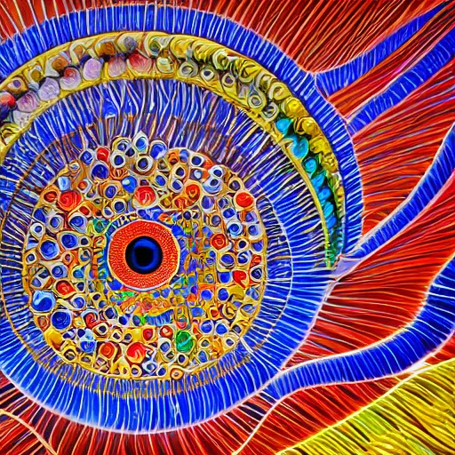 Prompt: A beautiful kinetic sculpture a large eye that is looking directly at the viewer. The eye is composed of a myriad of colors and patterns, and it is surrounded by smaller eyes. The smaller eyes appear to be in a state of hypnosis, and they are looking in different directions. mexican muralism, blood orange by Diego Velázquez somber, daring