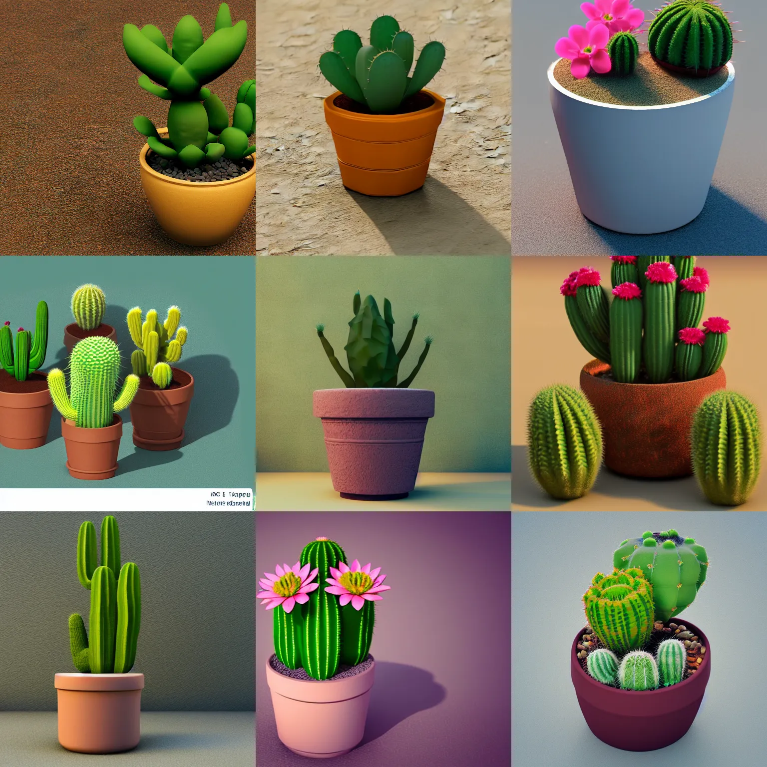 Prompt: a isometric macro 3 d render of flower pot with different cactus, a lot of sub surface scatering, realistic textures, flowers, soft light, warm colors, detailed, blurred background, octane, trending artstation