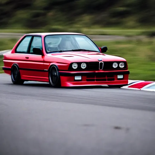 Image similar to a rolling shot of a modified bmw e 3 0 with lights on, on a street race track, motion blur, 3 5 mm photography, car photography, clean lines, realistic