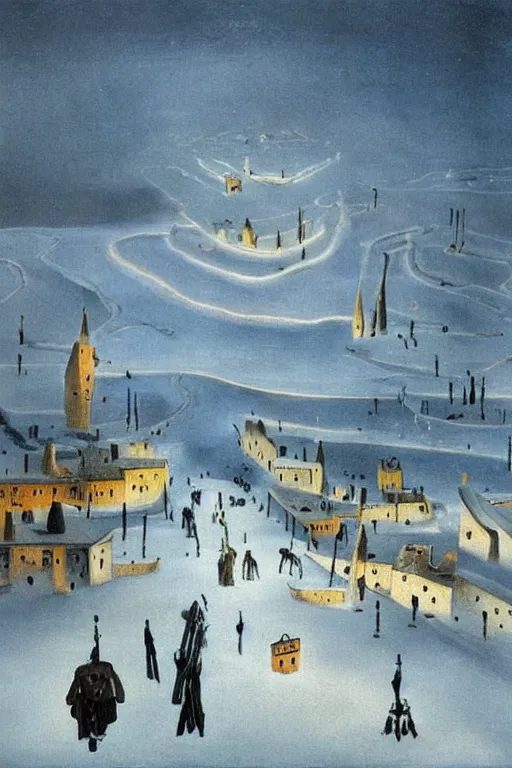 Prompt: A snowy infinite landscape with a candlelit town by Salvador Dali .