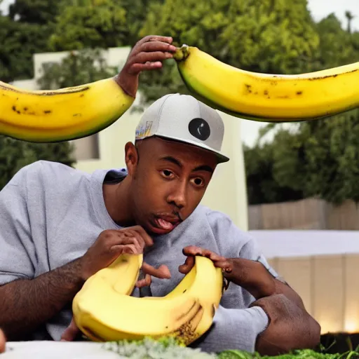 Prompt: Tyler the creator slips on a banana