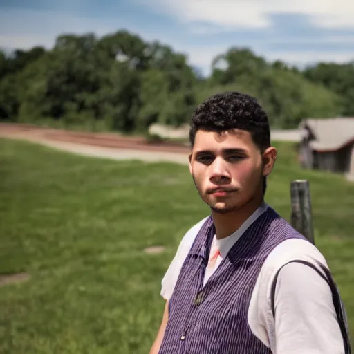 Image similar to Young man standing looking to the right in a red bandana, blue striped shirt, gray vest and a gun with a partly cloudy sky in the background. The young man is standing in front of an iron fence. Photograph. Real life