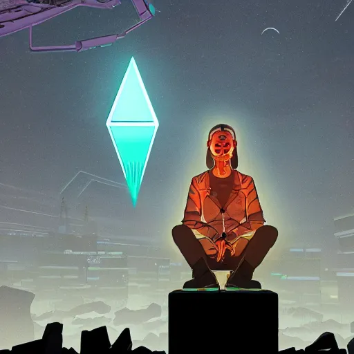 Prompt: a cyberpunk explorer meditating next to a floating triangular glowing monolith with one eye, highly detailed, midnight, by josan gonzalez and max prentis, 8 k wallpaper