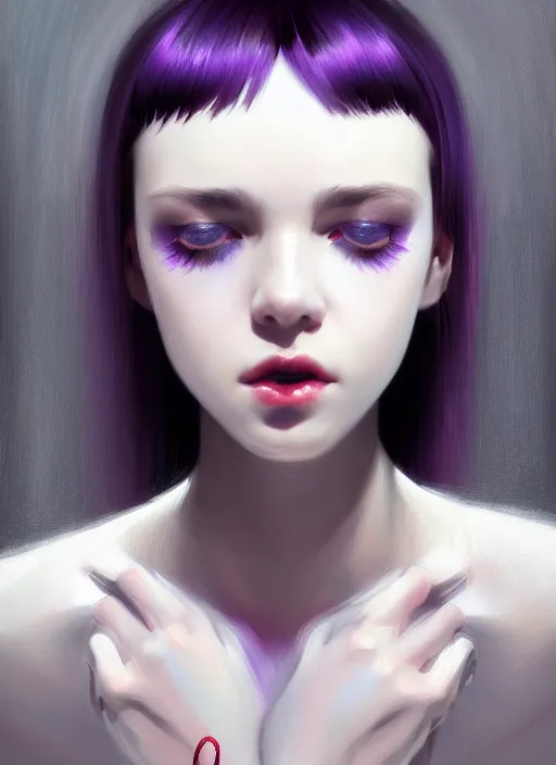 Image similar to portrait of teenage girl, red irises, bangs, black and white hair, white bangs, purple clothes, white bangs, bangs, black hair and white bangs, intricate, elegant, glowing lights, highly detailed, digital painting, artstation, concept art, smooth, sharp focus, illustration, art by wlop, mars ravelo and greg rutkowski