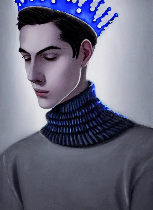 Image similar to portrait of teenage jughead jones wearing a light grey crown, crown, blue turtleneck, 1 9 5 0 s, closed eyes, photorealistic, black hair, glowing lighting, intricate, elegant, glowing lights, highly detailed, digital painting, artstation, concept art, smooth, sharp focus, illustration, art by wlop, mars ravelo and greg rutkowski