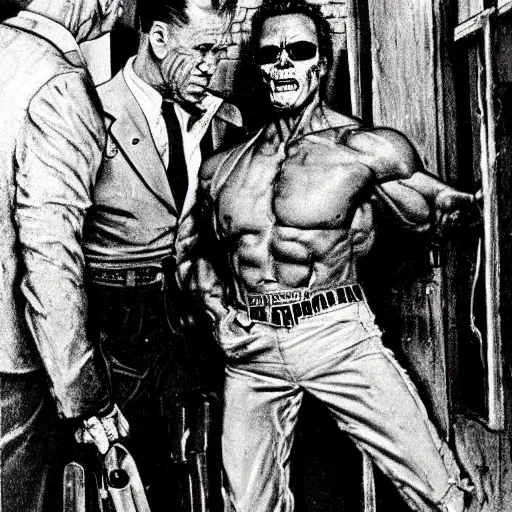 Image similar to arnold schwarzenegger as the terminator is refused entry to a nightclub by a doorman, who fears a repeat of last time, painted by norman rockwell and tom lovell and frank schoonover