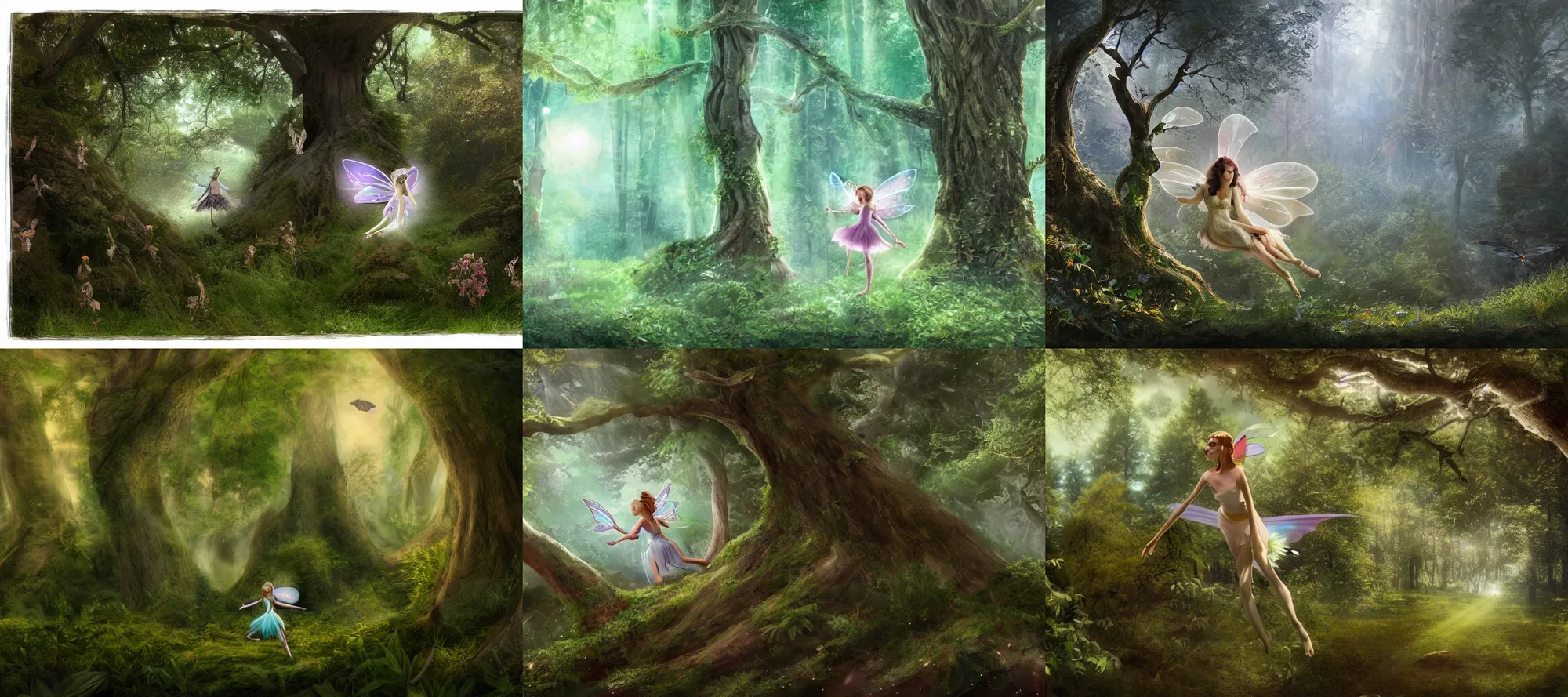 Prompt: A fairy flits among the trees, close angle, matte painting