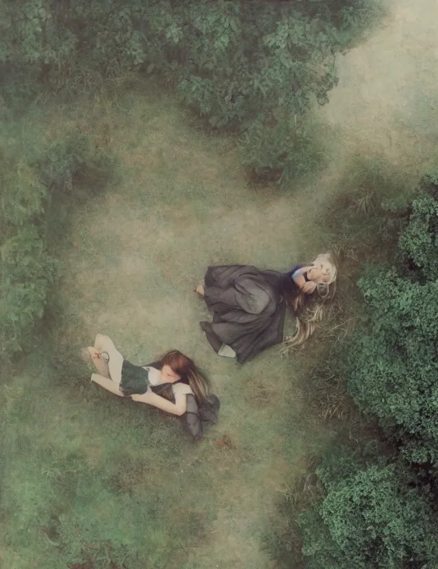 Image similar to lolita on a village, high angle view, portrait, Cinematic focus, Polaroid photo, vintage, neutral colors, soft lights, foggy, by Steve Hanks, by Serov Valentin, by lisa yuskavage, by Andrei Tarkovsky 8k render, detailed, oil on canvas