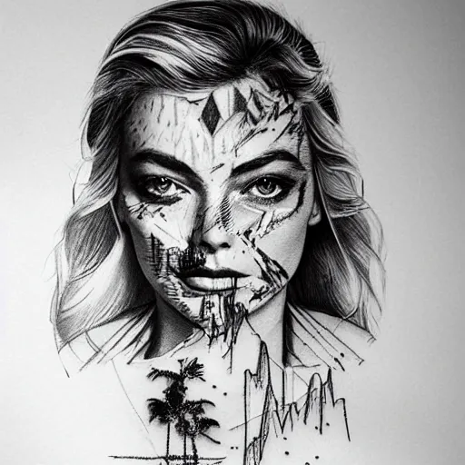 Image similar to double exposure tattoo design sketch of beautiful margot's robbie's face blended in beautiful mountains, in the style of matteo pasqualin, amazing detail