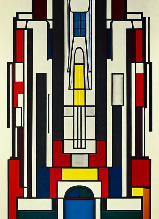 Image similar to isometric artdeco cathedral by frank lloyd wright painted by piet mondrian