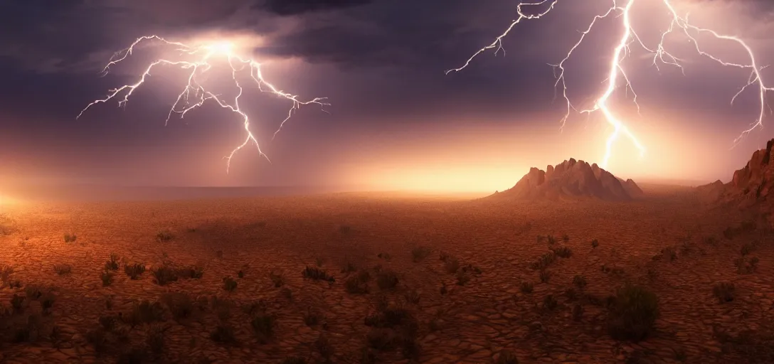 Prompt: a beautiful picture of a desert, intricate detail, god rays, an extremely close lightning strike, sunset, serene, volumetric lighting, volumetric clouds, 8 k, hyperrealistic, digital art trending on artstation