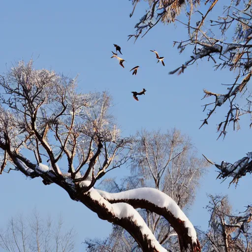 Prompt: Two birds on a withered treetop, covered with snow, warm sunlight in winter