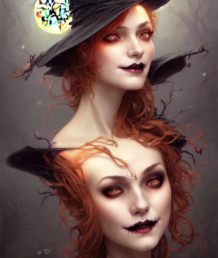 Image similar to halloween witch woman in a hat smiles, fantasy magic, undercut hairstyle, dark light night, intricate, elegant, sharp focus, illustration, highly detailed, digital painting, concept art, matte, art by wlop and artgerm and greg rutkowski and alphonse mucha, masterpiece
