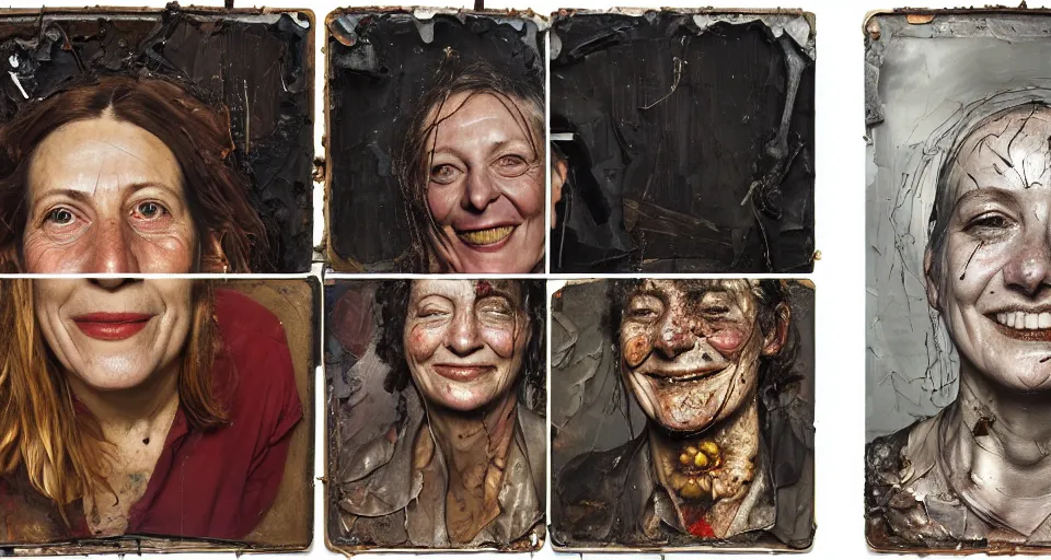 Image similar to a triptych of close up portraits of a very ordinary middle-aged woman with a smiling expression, Anselm Kiefer and Lucian Freud and Jenny Saville, tintype, oil painting, rust, Scaffolding, rusted metal and sunflowers, iron cladding, decay, mixed media, textured, anatomically correct, beautiful perfect face, visible brushstrokes, sharp focus, twisted electrical wire, Highly Detailed, nails, photographic emulsion cracked and peeling, Cinematic Lighting, 8k, HD