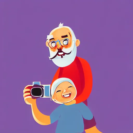 Prompt: curled perspective digital art of a cute smiling beard grandpa cartoon character taking a photo to a baby girl by anton fadeev