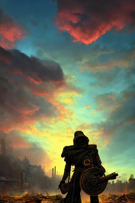 Image similar to ominous figure in the street of a destroyed city, fiery green rubble landscape, steampunk, thick heavy fog, sunset, golden hour, blue hour, colorful magenta and green dramatic cloud filled sky, by gerald brom, greg rutkowski, photo realism, unreal engine