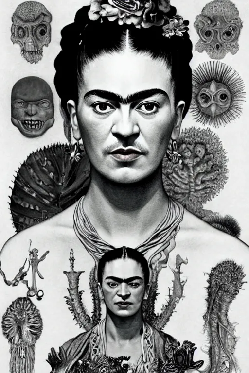 Image similar to realistic detailed portrait of frida kahlo by denis villeneuve, amano, yves tanguy, alphonse mucha, ernst haeckel, max ernst, roger dean, ridley scott, dynamic closeup