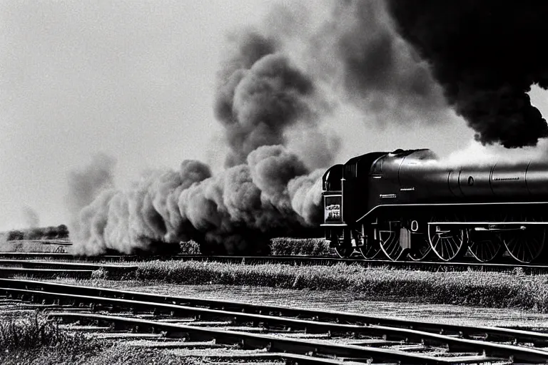 Prompt: black and white photograph of lner a 4 mallard thundering down the rails at high speed, black smoke coming from the locomotive, cinematic, volumetric light, f 6 aperture, cinematic eastman 5 3 8 4 film