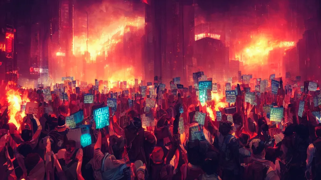 Image similar to angry protesters holding placards, digital illustration by greg rutkowski, fire, android netrunner, nighttime, cyberpunk city background, colored lighting