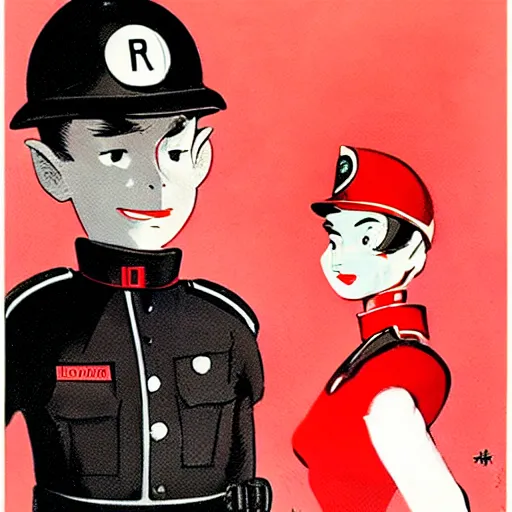 Image similar to a retrofuturistic security officer wearing black helmet and red uniform, vintage, retrofuturism, art by marc davis, marc davis artwork, poster