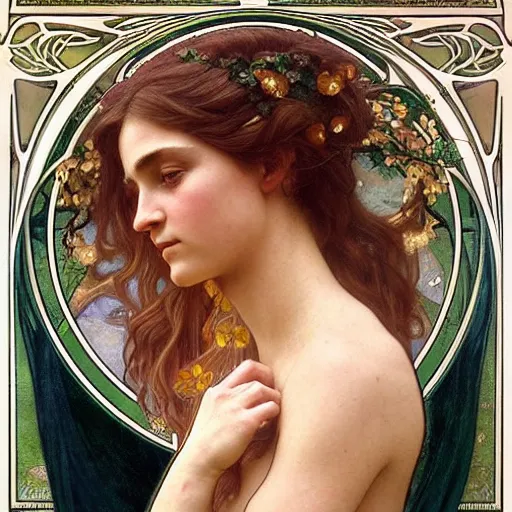 Image similar to detailed portrait art nouveau painting of the goddess of the soil, backlit, who resembles Saoirse Ronan, Kate Moss, and Emma Watson with anxious, piercing eyes, by Alphonse Mucha, Michael Whelan, William Adolphe Bouguereau, John Williams Waterhouse, and Donato Giancola