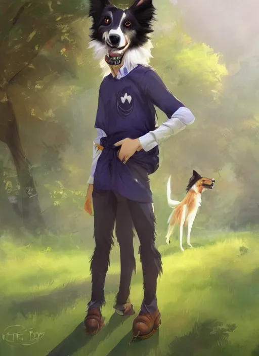 Image similar to beautiful wide angle full body portrait of a cute male anthropomorphic anthro border collie fursona wearing indigo clothes in a park, character design by charlie bowater, henry asencio, and ross tran, scenic background, detailed, glamor pose, aesthetic, trending on artstation, furaffinity, deviantart