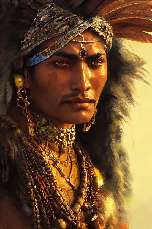 Image similar to indian warrior, close - up portrait, fierce, intricate, elegant, volumetric lighting, scenery, digital painting, highly detailed, artstation, sharp focus, illustration, concept art, ruan jia, steve mccurry