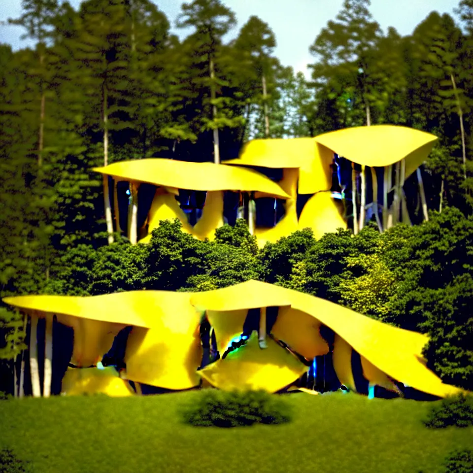 Image similar to a flat house from far away with big tiles, in a forest, designed by Frank Gehry. Film grain, cinematic, yellow hue