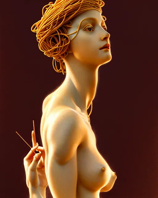 Prompt: statue of a gorgeous woman, made of spaghetti, daylight, backlit, diffuse lighting, fantasy, intricate, elegant, highly detailed, lifelike, photorealistic, digital painting, artstation, illustration, concept art, sharp focus, art by john collier and albert aublet and krenz cushart and artem demura and alphonse mucha