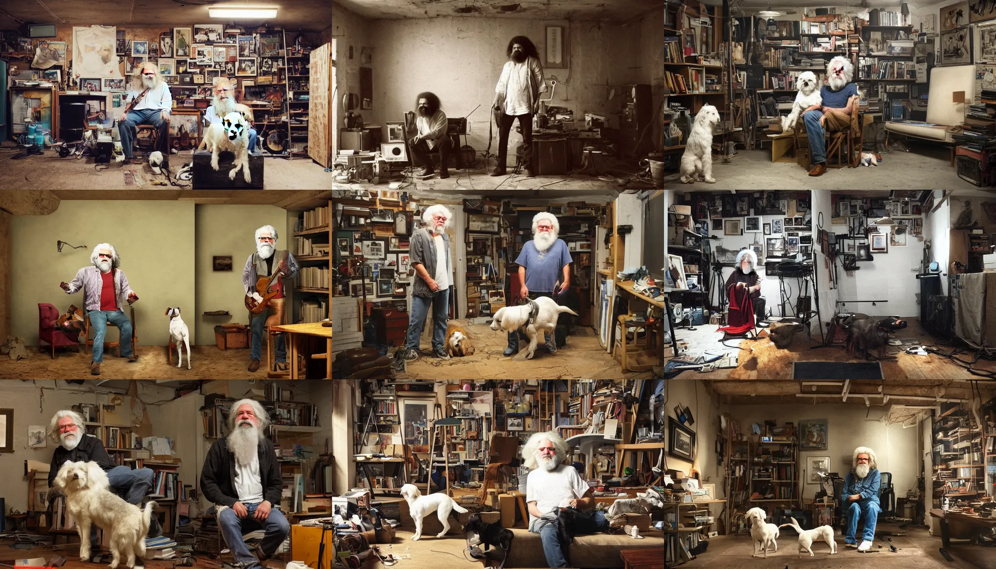 Prompt: a color photograph of one white man, alone, who looks sort of like Jerry Garcia and sort of like Frederick Douglass, with his hyperactive little dog, in his basement studio, trending on artstation, hyperrealism