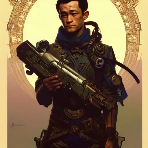 Image similar to planetside joseph gordon - levitt, fantasy, d & d, intricate, detailed, by by alphonse mucha, adolfo hohenstein, alice russell glenny, stanley artgerm lau, greg rutkowski, detailed, trending on artstation, trending on artstation, smooth