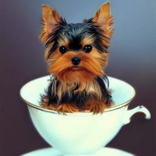 Image similar to teacup yorkshire terrier sitting on teacup, in teacup portrait art by donato giancola and greg rutkowski, realistic face, digital art, trending on artstation, symmetry