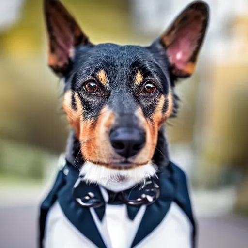 Prompt: high detail shot of a dog wearing a suit, realism 8k