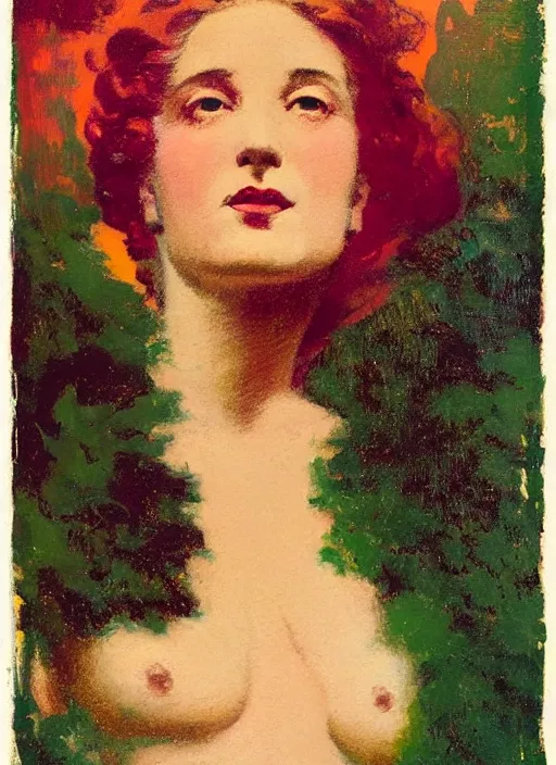 Image similar to an extreme close - up portrait of a lady in a scenic representation of mother nature and the meaning of life by billy childish, thick visible brush strokes, figure painting by delphin enjolras and by beal gifford, vintage postcard illustration, minimalist cover art by mitchell hooks