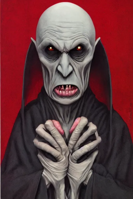 Image similar to a bald vampire wearing a long black robe with large bat ears huge black eyes and gray skin, character art, nosferatu, painting by wayne barlowe