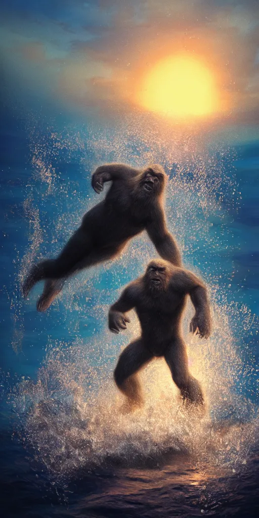 Image similar to a beautiful rendered picture of a sasquatch from instagram in the ocean at sunset by Nick Silva, trending on artstation, 8k