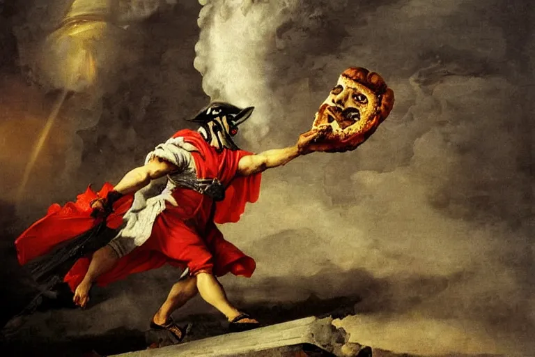 Image similar to a highly detailed menacing painting of pulcinella!!! from naples with a pizza!! and lots of fire, a volcano and dark smoke, an ultrafine painting by giovanni domenico tiepolo, dramatic lighting, trending on deviantart, sharp focus, octane, masterpiece