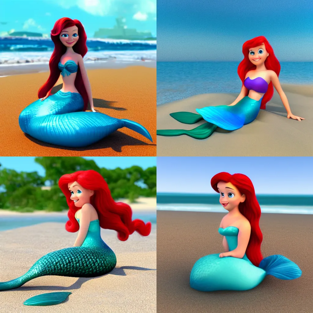Prompt: little mermaid sitting on the beach in 3d realistic style, pixar