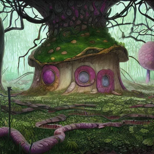 Prompt: concept art painting of a interior of a circular fantasy fungus house made of mushrooms, with black vines, realistic, detailed, cel shaded, magenta and gray, dark, in the style of makoto shinkai and greg rutkowski and james gurney