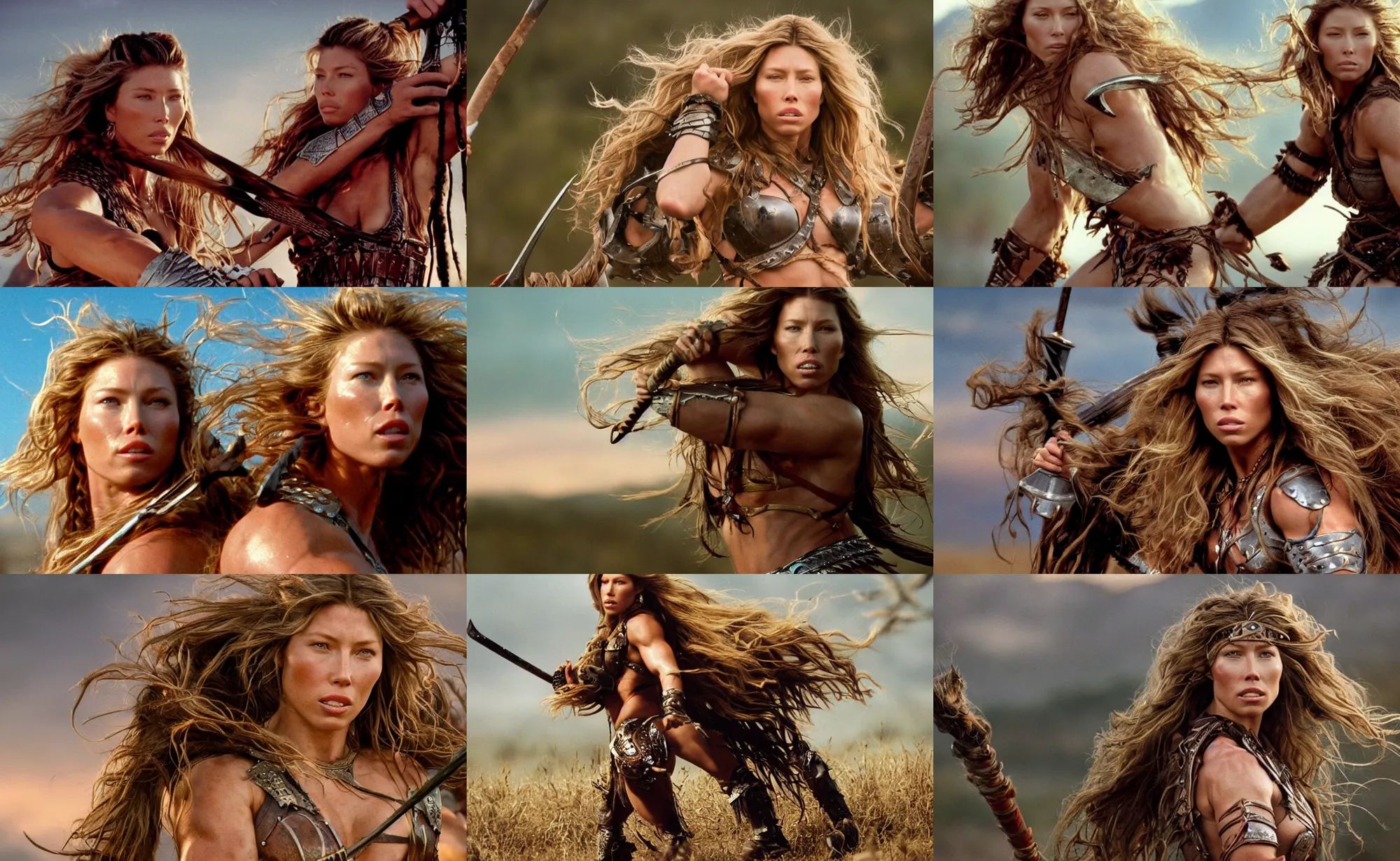 Prompt: epic photo of muscular jessica biel as beautiful barbarian warrior princess with long curly blonde hair blowing in the wind in a battle scene, sweaty, detailed eyes, neutral expression, shallow depth of field, photorealistic, cinematic lighting, lovely bokeh, warm colours, sunset south, strong rim light, movie quality, willow 1 9 8 5, movie still
