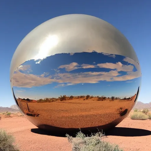 Image similar to a large metallic ball with a mirror finish sits in the Arizona desert