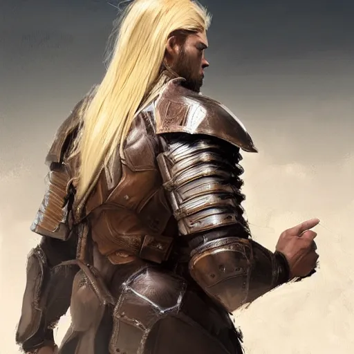 Prompt: rear side portrait of a muscular, ponytail haired blonde man with a armored left arm, wearing a brown leather coat, one side of the body scarred, looking to left, DnD, fantasy, digital art by Ruan Jia