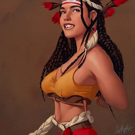 Prompt: in the style of artgerm and Andreas Rocha and Joshua Middleton, full body pin up modeling, pretty Native American young woman with braids, smile on face, Symmetrical eyes symmetrical face, red paint strip across eyes, full body, scenic prairie in background, natural lighting, warm colors, american postcard art style